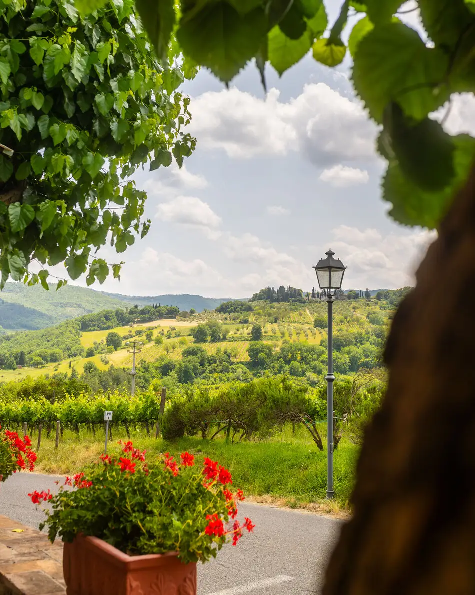 Le colline del Chianti viste dalla terrazza, con i gerani e il lampione